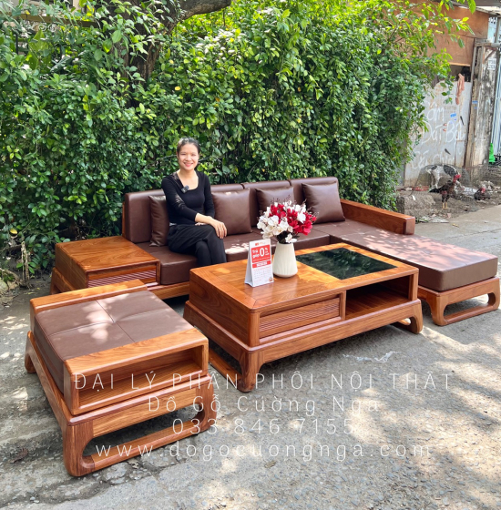 Sofa Gỗ Hương Vàng Góc L 2m8x1m8 Kèm Nệm Mẫu Mới 