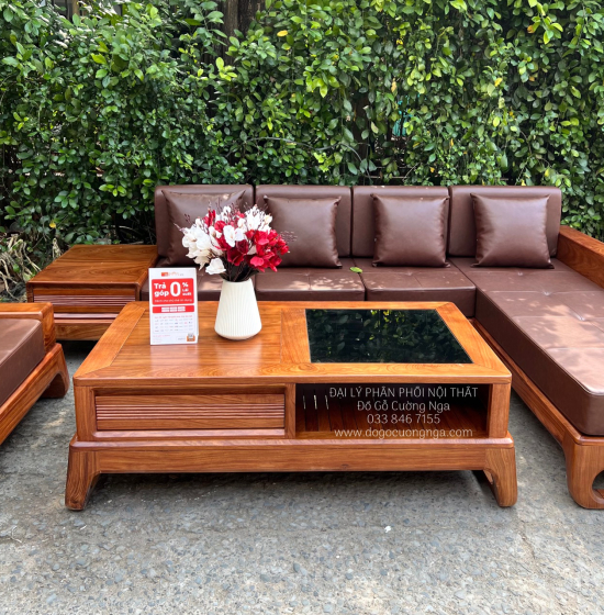 Sofa Gỗ Hương Vàng Góc L 2m8x1m8 Kèm Nệm Mẫu Mới 