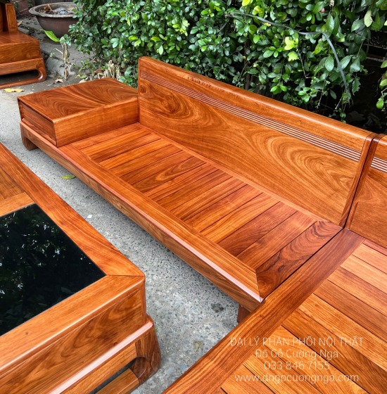 Ghế Phòng Khách Sofa Gỗ Hương Vàng Góc 2m8x1m8 Vế Trái 