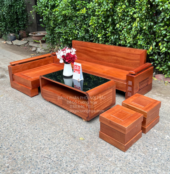 Bàn Ghế Sofa Góc L Gỗ Xoan Đào 2m1x1m6 Bàn Bom Hiện Đại 