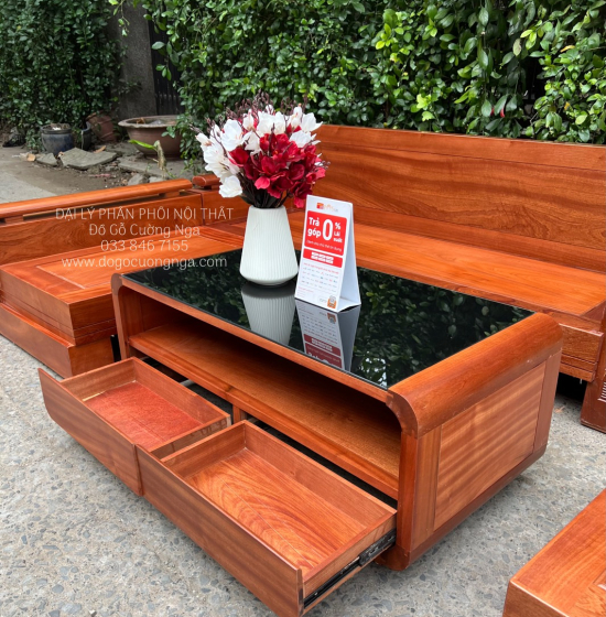 Bàn Ghế Sofa Góc L Gỗ Xoan Đào 2m1x1m6 Bàn Bom Hiện Đại 