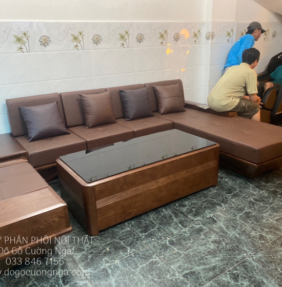 Bàn Ghế Sofa Gỗ Sồi Nga Chân Thuyền Lau Màu Óc Chó 2m8x1m9 