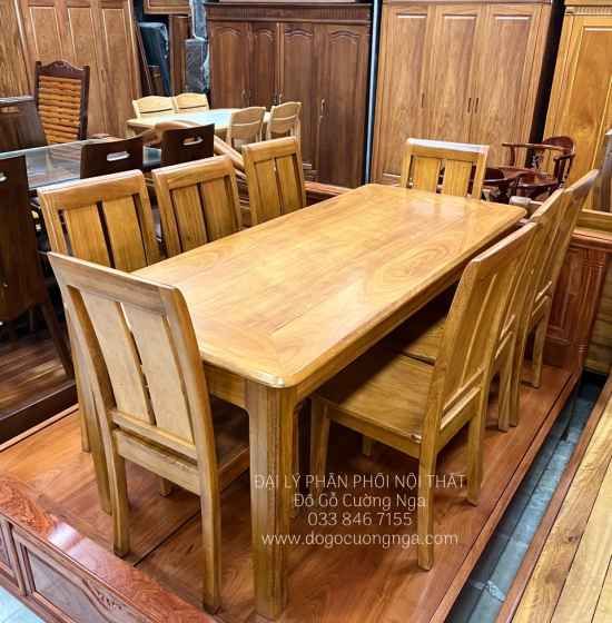 Bộ Bàn Ăn Gỗ Gõ Đỏ Hiện Đại 8 Ghế Mặt Liền 