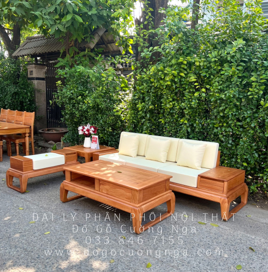 Sofa Gỗ Gõ Đỏ Một Văng Chân Choãi Kèm Nệm Cao Cấp 