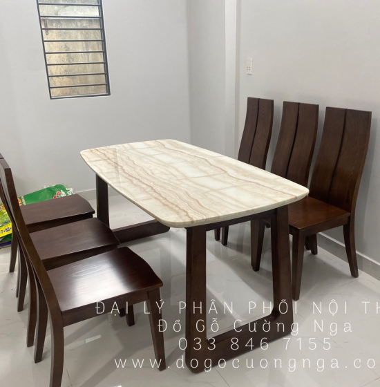 Bộ Bàn Ăn Gỗ Sồi Nga Mặt Đá 6 Ghế Hiện Đại 