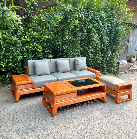 Bộ Bàn Ghế Sofa Gỗ Sồi Nga Chân Choãi 3 Chi Tiết Kèm Nệm 