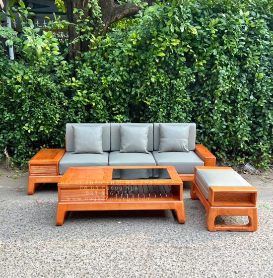 Bộ Bàn Ghế Sofa Gỗ Sồi Nga Chân Choãi 3 Chi Tiết Kèm Nệm 