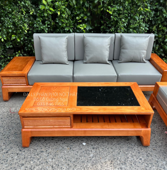 Bộ Bàn Ghế Sofa Gỗ Sồi Nga Chân Choãi 3 Chi Tiết Kèm Nệm 