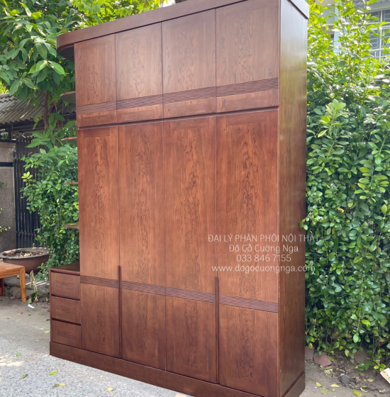 Tủ Áo Gỗ Sồi Nga 4 Cánh 2 Tầng Lau Màu Óc Chó - Kèm Kệ Trang Trí 