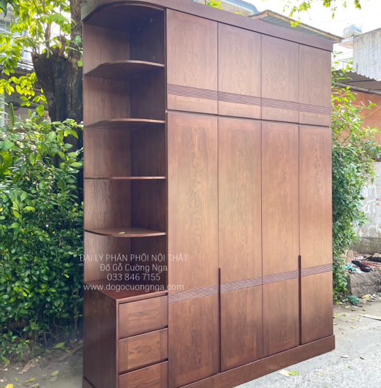 Tủ Áo Gỗ Sồi Nga 4 Cánh 2 Tầng Lau Màu Óc Chó - Kèm Kệ Trang Trí 