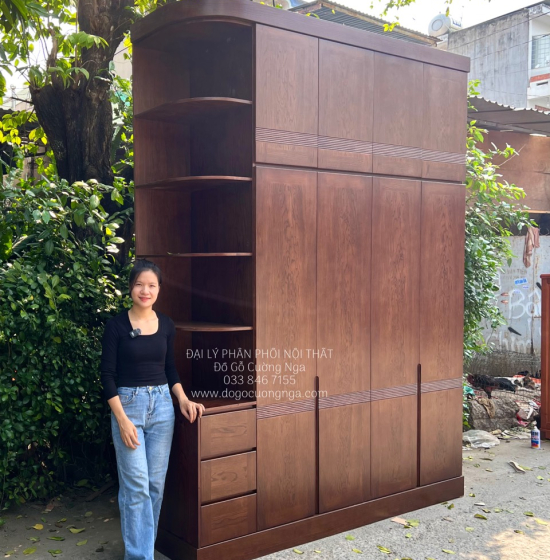 Tủ Áo Gỗ Sồi Nga 4 Cánh 2 Tầng Lau Màu Óc Chó - Kèm Kệ Trang Trí 