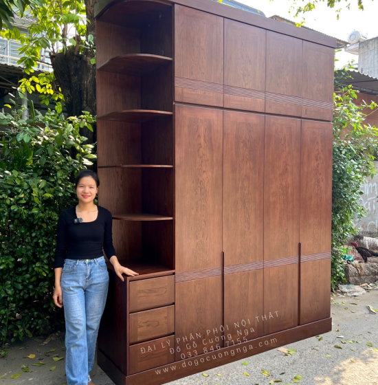 Tủ Áo Gỗ Sồi Nga 4 Cánh 2 Tầng Lau Màu Óc Chó - Kèm Kệ Trang Trí 