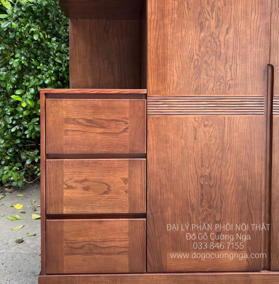 Tủ Áo Gỗ Sồi Nga 4 Cánh 2 Tầng Lau Màu Óc Chó - Kèm Kệ Trang Trí 