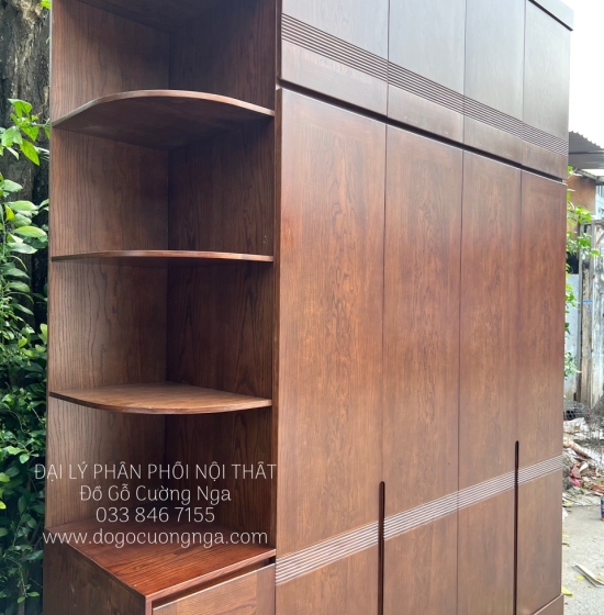 Tủ Áo Gỗ Sồi Nga 4 Cánh 2 Tầng Lau Màu Óc Chó - Kèm Kệ Trang Trí 
