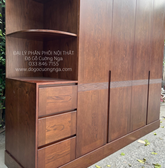 Tủ Áo Gỗ Sồi Nga 4 Cánh 2 Tầng Lau Màu Óc Chó - Kèm Kệ Trang Trí 