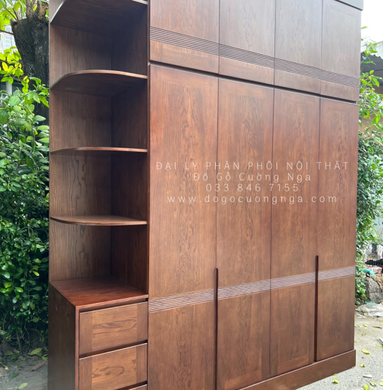 Tủ Áo Gỗ Sồi Nga 4 Cánh 2 Tầng Lau Màu Óc Chó - Kèm Kệ Trang Trí 