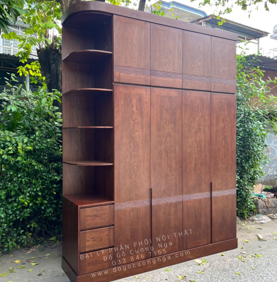 Tủ Áo Gỗ Sồi Nga 4 Cánh 2 Tầng Lau Màu Óc Chó - Kèm Kệ Trang Trí 