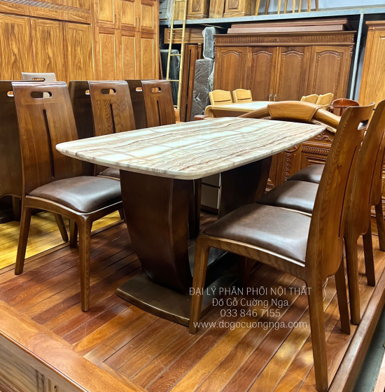 Bộ Bàn Ghế Ăn Gỗ Sồi Lau Màu Óc Chó 6 Ghế Ngồi Kết Hợp Mặt Đá 