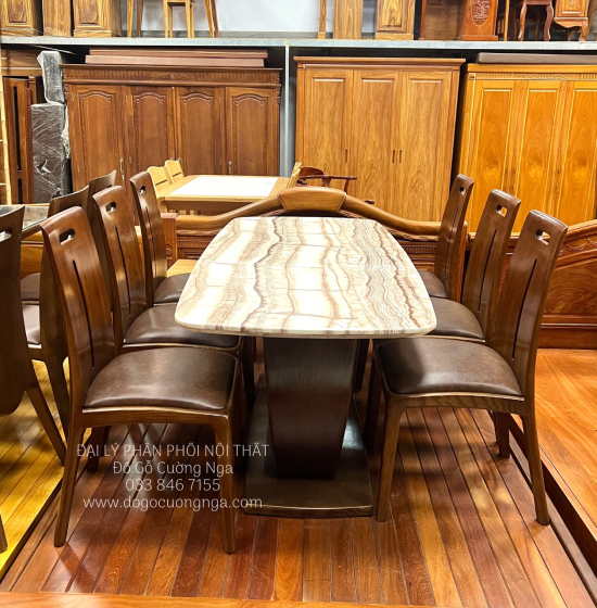 Bàn Ăn Gỗ Sồi Lau Màu Óc Chó Mặt Đá 6 Ghế Cao Cấp Mẫu Mới