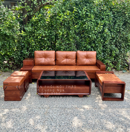 Bộ Bàn Ghế Sofa Gỗ Sồi Nga Lau Màu Óc Chó Văng 5 Món Hiện Đại 