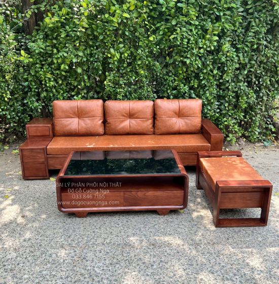 Sofa Gỗ Sồi Nga Văng Lau Màu Óc Chó Kèm Nệm Bền Đẹp 