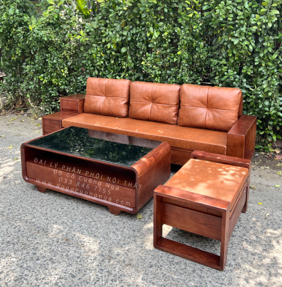 Sofa Gỗ Sồi Nga Văng Lau Màu Óc Chó Kèm Nệm Bền Đẹp 