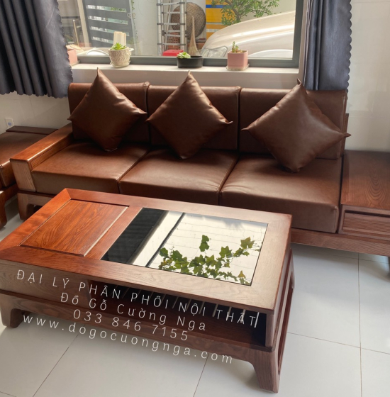 Bộ Sofa Văng Gỗ Sồi Nga Lau Màu Óc Chó 2m3 Kèm Nệm 