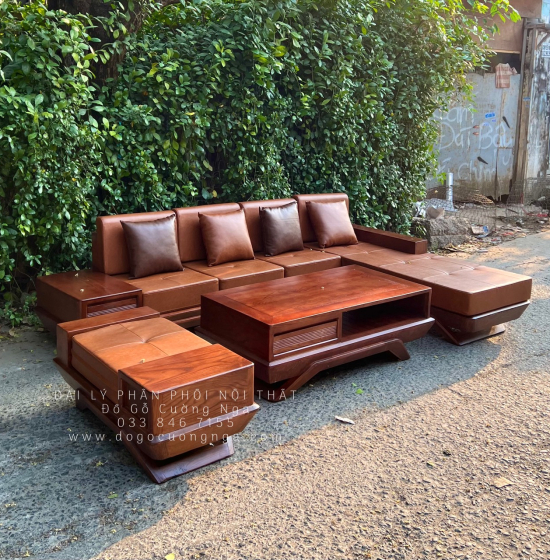 Bàn Ghế Sofa Gỗ Sồi Nga Góc L Mẫu Thuyền 2m8x1m8 Màu Óc Chó 