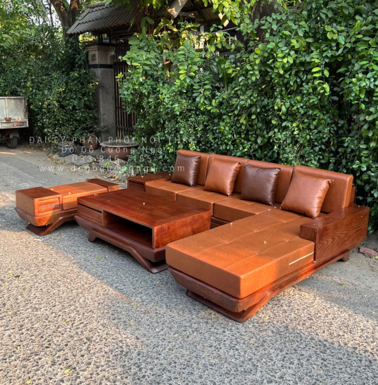 Bàn Ghế Sofa Gỗ Sồi Nga Góc L Mẫu Thuyền 2m8x1m8 Màu Óc Chó 