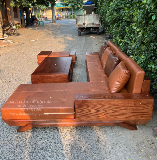 Bàn Ghế Sofa Gỗ Sồi Nga Góc L Mẫu Thuyền 2m8x1m8 Màu Óc Chó 