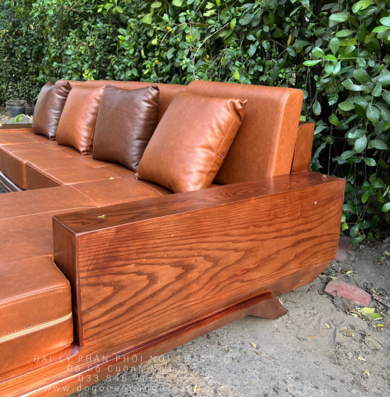 Bàn Ghế Sofa Gỗ Sồi Nga Góc L Mẫu Thuyền 2m8x1m8 Màu Óc Chó 