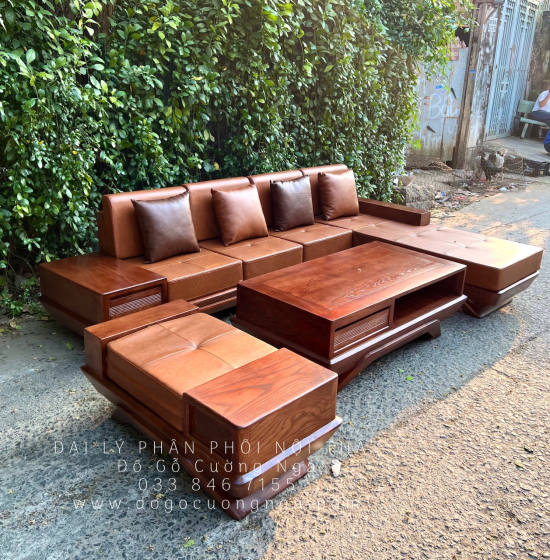 Bàn Ghế Sofa Gỗ Sồi Nga Góc L Mẫu Thuyền 2m8x1m8 Màu Óc Chó 