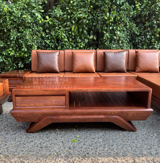 Bàn Ghế Sofa Gỗ Sồi Nga Góc L Mẫu Thuyền 2m8x1m8 Màu Óc Chó 