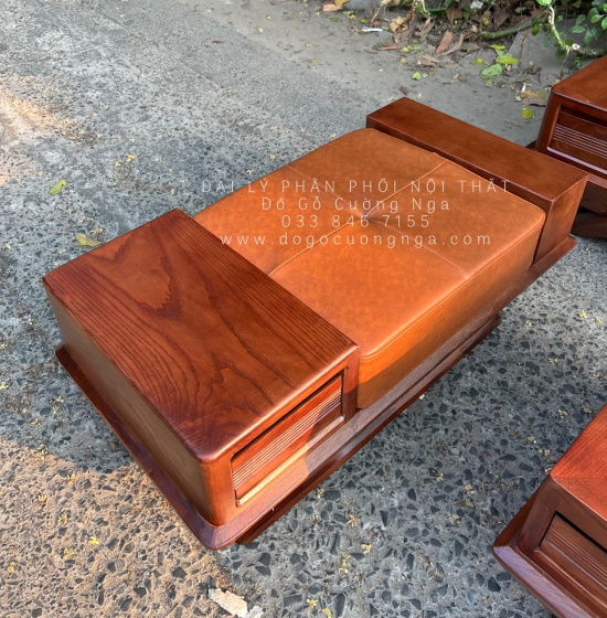 Bàn Ghế Sofa Gỗ Sồi Nga Góc L Mẫu Thuyền 2m8x1m8 Màu Óc Chó 