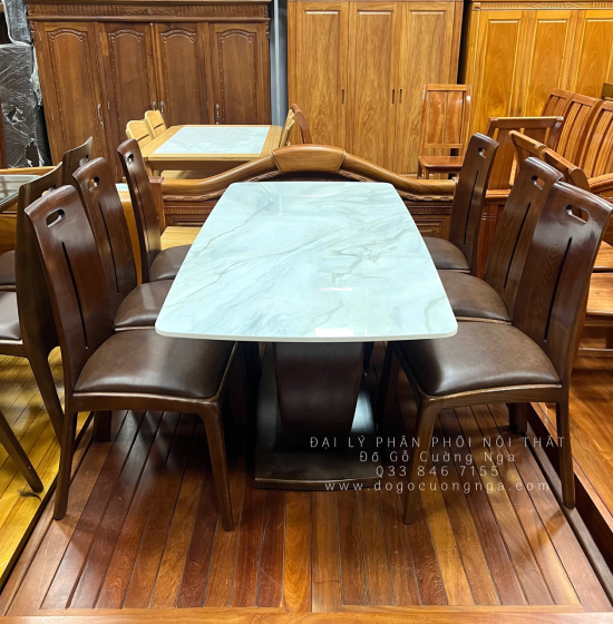 Bộ Bàn Ghế Ăn Gỗ Sồi Lau Màu Óc Chó 6 Ghế Ngồi Kết Hợp Mặt Đá 
