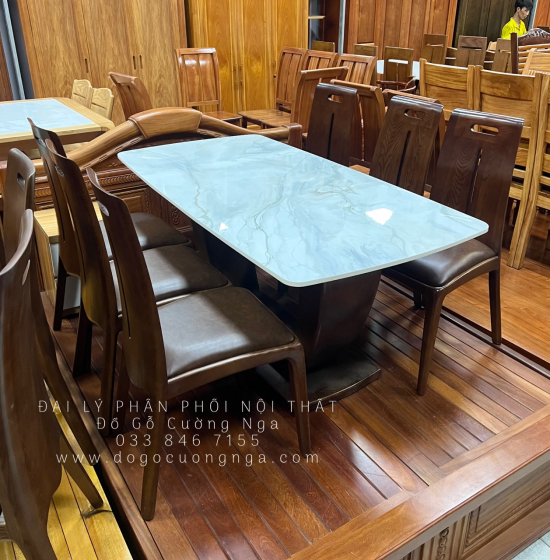 Bàn Ăn Gỗ Sồi Lau Màu Óc Chó Mặt Đá 6 Ghế Cao Cấp Mẫu Mới