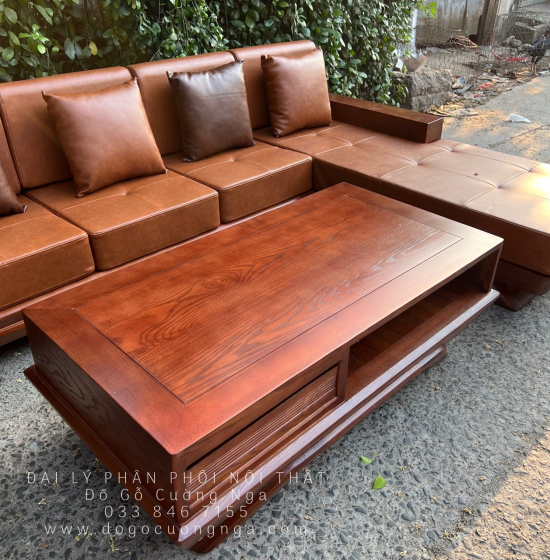 Bàn Ghế Sofa Gỗ Sồi Nga Góc L Mẫu Thuyền 2m8x1m8 Màu Óc Chó 