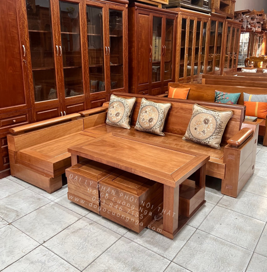 Bàn Ghế Sofa Gỗ Đinh Hương Góc L 2m1x1m6 - Tựa Cong 