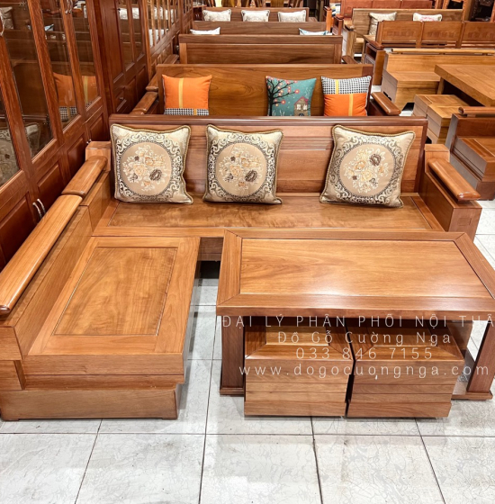 Bàn Ghế Sofa Gỗ Đinh Hương Góc L 2m1x1m6 - Tựa Cong 
