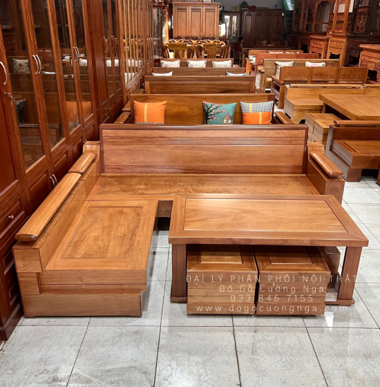 Bàn Ghế Sofa Gỗ Đinh Hương Góc L 2m1x1m6 - Tựa Cong 