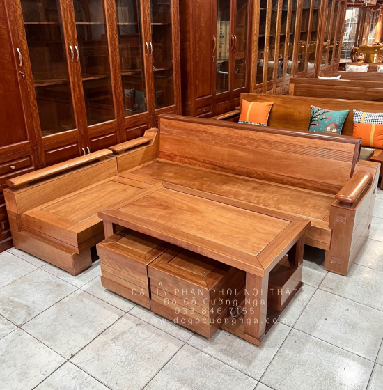 Bàn Ghế Sofa Gỗ Đinh Hương Góc L 2m1x1m6 - Tựa Cong 