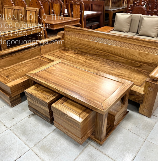 Sofa Gỗ Hương Xám Góc L 2m35x2m Thiết Kế Hiện Đại 