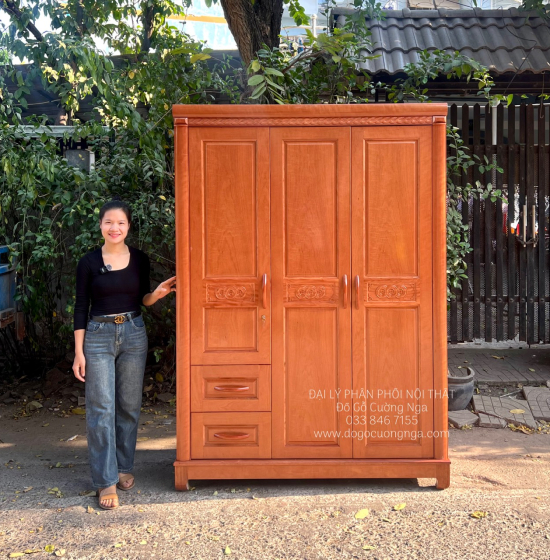 Tủ quần áo gỗ xoan đào 3 cánh cao cấp - mẫu đồng tiền 
