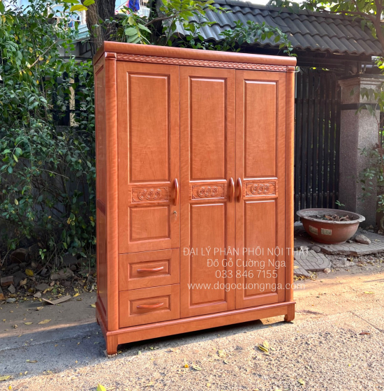 Tủ quần áo gỗ xoan đào 3 cánh cao cấp - mẫu đồng tiền 