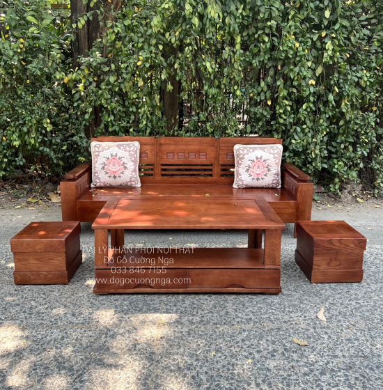 Bộ Ghế Sofa Văng Gỗ Sồi Nga 2m - Lau Màu Óc Chó Kèm Gối Tựa 