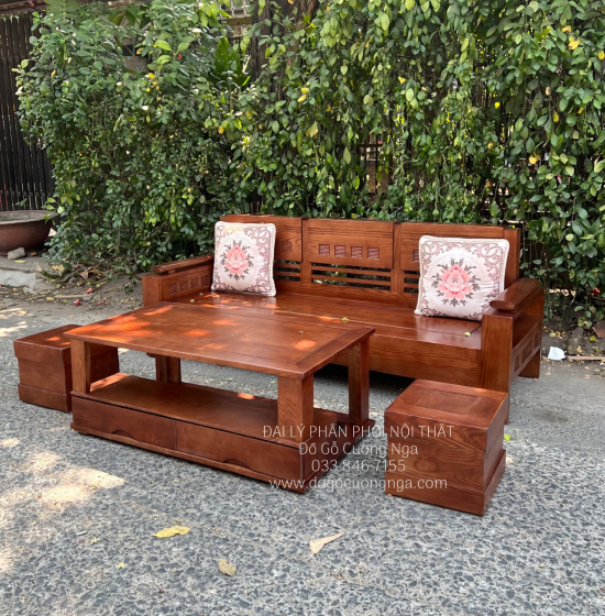 Bộ Ghế Sofa Văng Gỗ Sồi Nga 2m - Lau Màu Óc Chó Kèm Gối Tựa 