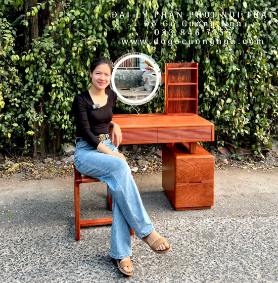 Bàn Phấn Trang Điểm Gỗ Hương Đá Tự Nhiên 1m Đèn Les Cảm Ứng 