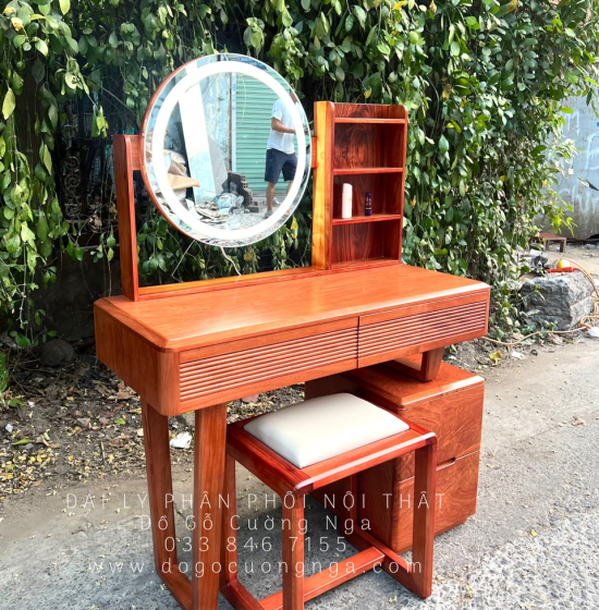 Bàn Phấn Trang Điểm Gỗ Hương Đá Tự Nhiên 1m Đèn Les Cảm Ứng 