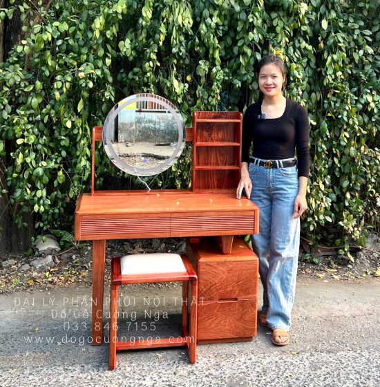 Bàn Phấn Trang Điểm Gỗ Hương Đá Tự Nhiên 1m Đèn Les Cảm Ứng 