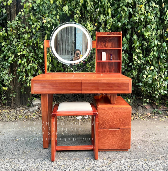 Bàn Phấn Trang Điểm Gỗ Hương Đá Tự Nhiên 1m Đèn Les Cảm Ứng 